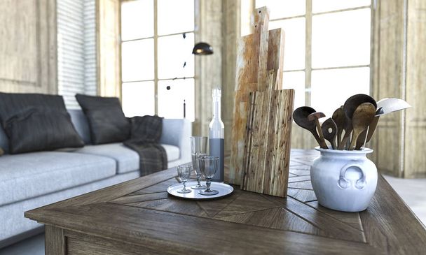 3d rendering beautiful kitchen accessories in living room - Zdjęcie, obraz