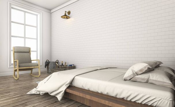 3D rendering όμορφο κρεβάτι στο λευκό δωμάτιο vintage - Φωτογραφία, εικόνα