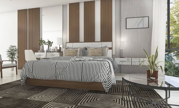 3D rendering van mooie slaapkamer met mooi terras - Foto, afbeelding