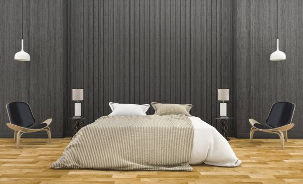 3d renderizado moderno dormitorio de pared de madera oscura con lámpara
 - Foto, Imagen