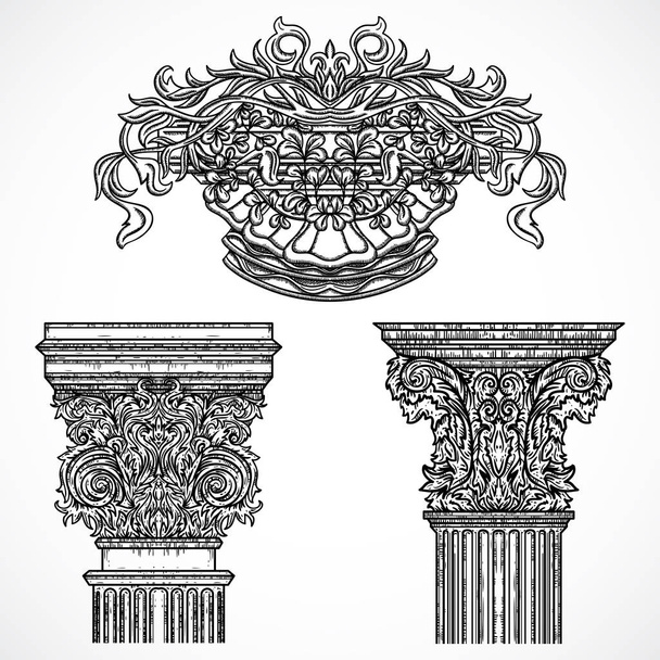 Vintage architectural details design elements. Antique baroque classic style column and cartouche. Hand drawn vector illustration - Vector, Image