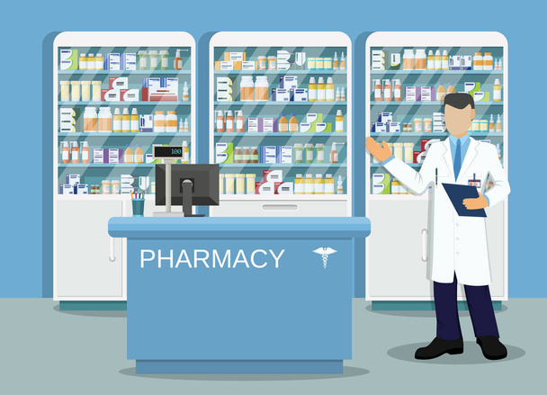 Modern interior pharmacy or drugstore - Vector, Image