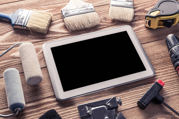 tools of builder and tablet pc - Photo, Image