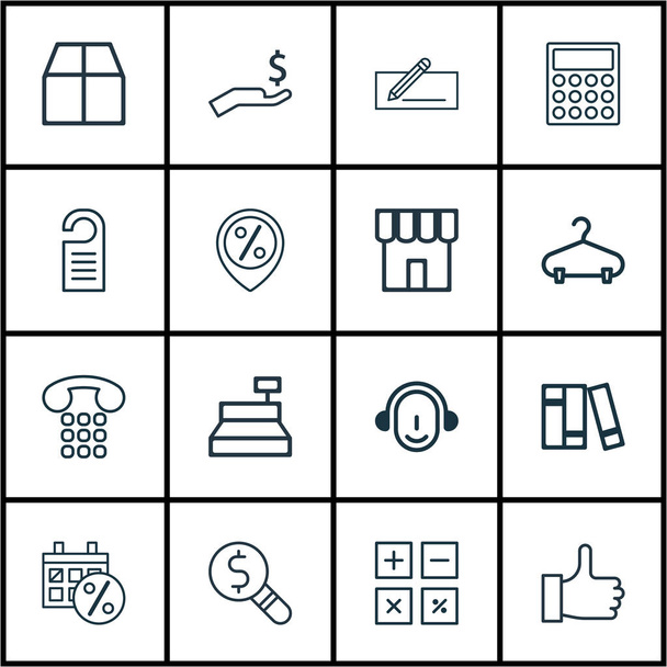 Conjunto de 16 iconos de comercio electrónico. Incluye Empleado, Rico, Cartón y Otros Símbolos. Hermosos elementos de diseño
. - Vector, Imagen