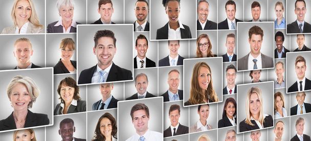 Portraits Collage Of Smiling Diverse Business People On Gray Background - Фото, изображение