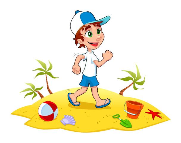 Boy is walking on the sand. - Vector, Image