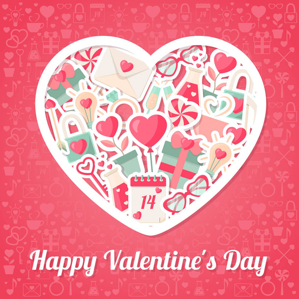 Valentines Day Background with Flat Icons and Heart Shape Frame - Vector, Image