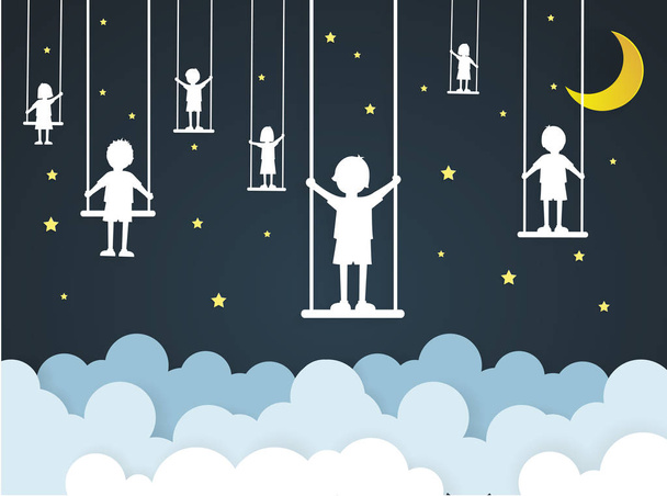 Children play swings on sky with nighttime,paper art - Vektor, Bild