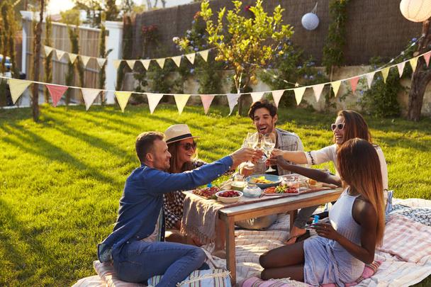 Friends enjoying picnic in backyard - Фото, зображення