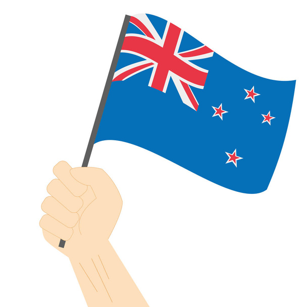 Tenere la mano e issare la bandiera nazionale della Nuova Zelanda
 - Vettoriali, immagini