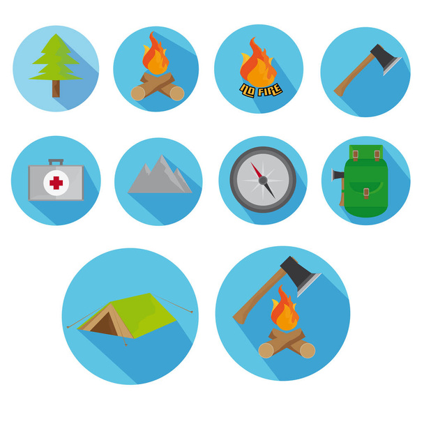 Flat Icon Set Of Axe And Fire With Long Shadow For Travel And Hiking - Vector, Imagen