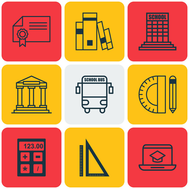 Set Of 9 Education Icons. Includes Transport Vehicle, Measurement, College And Other Symbols. Beautiful Design Elements. - Vector, Image