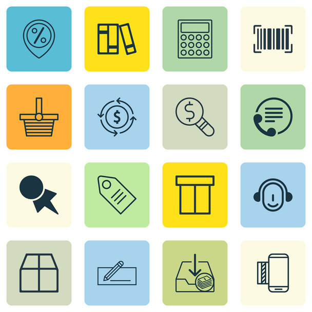 Set Of 16 Commerce Icons. Includes Box, Calculator, Withdraw Money And Other Symbols. Beautiful Design Elements. - Vector, Image