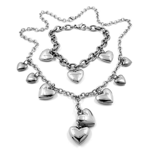 Conjunto de corazones de plata - Plata, acero inoxidable, oro blanco - Collar y pulsera
 - Foto, imagen