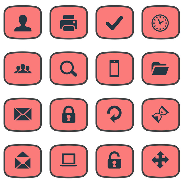 Zestaw 16 ikon proste aplikacje. Można znaleźć takie elementy jak strzały, Lupa, blokady i inne. - Wektor, obraz
