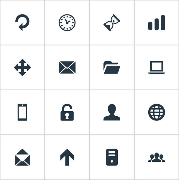 Sada 16 ikon jednoduché aplikace. Lze nalézt takové prvky, jako písek časovač, směr nahoru, Web. - Vektor, obrázek