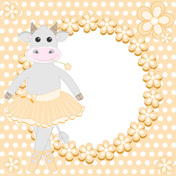 Greeting card with cute cow ballerina - Vector, imagen