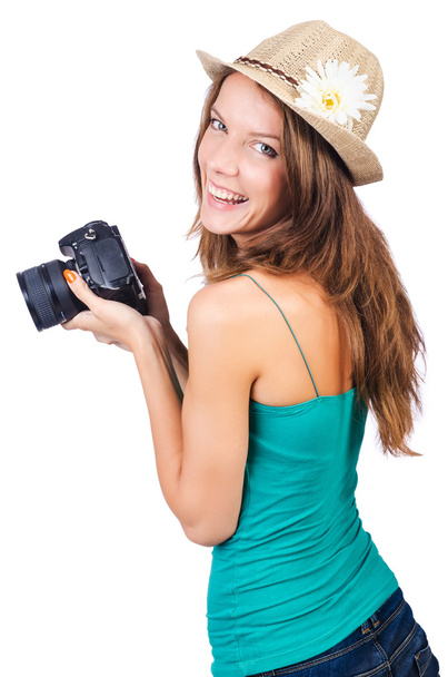 Attractive female photographer on white - Fotó, kép