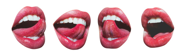 Язык и сексуальные женские губы с розовой помадой. Set of four sexy sensual women 's open mouths, isolated on white background. Стоматологическая помощь, здоровые зубы и улыбка, свежесть во рту. Облизывание языка
 - Фото, изображение