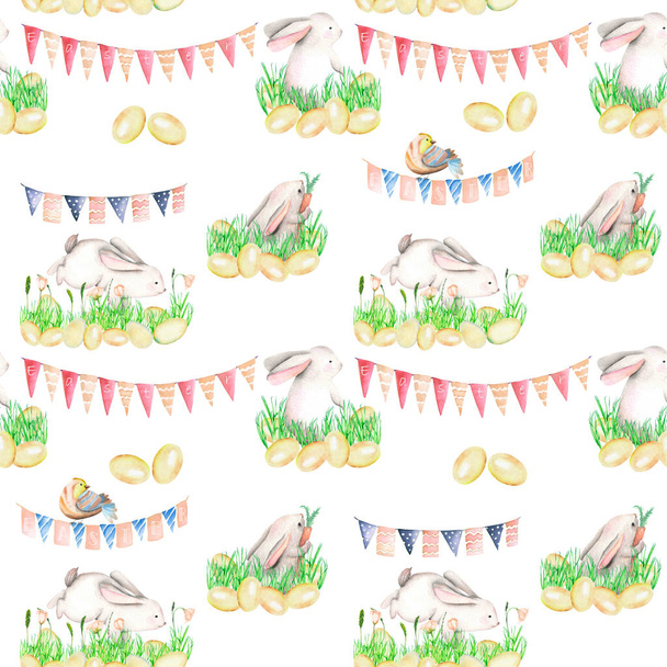 nahtloses Muster mit Aquarell-Osterhasen im Gras, Eiern und Girlanden mit Fahnen - Foto, Bild