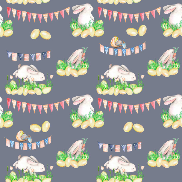 Patrón sin costuras con acuarela Conejos de Pascua en hierba, huevos y guirnaldas con banderas
 - Foto, imagen