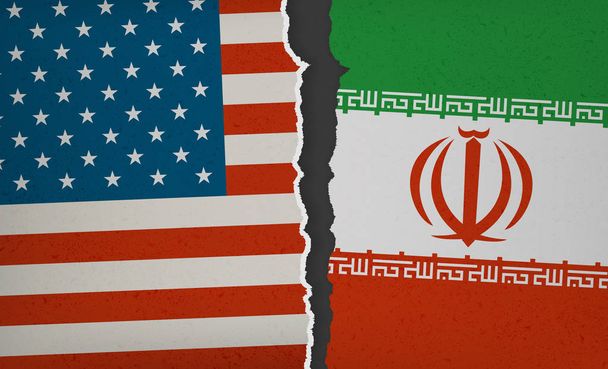 Flaga Usa i Iran rozdarta - polityczne napięcie - Wektor, obraz