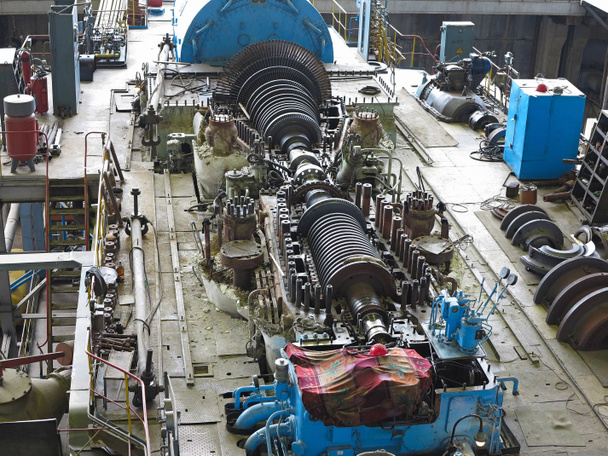 steam turbine in repair process, machinery, pipes, tubes, at pow - Photo, Image