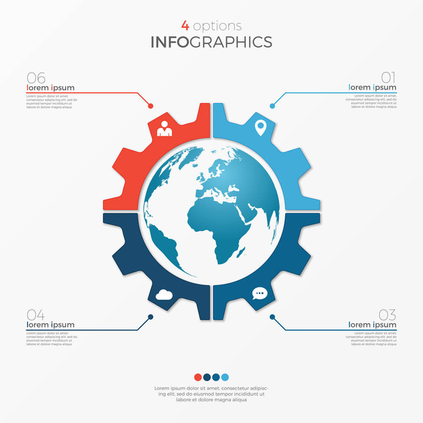 Circle chart infographic template with globe 4 options for presentations, advertising, layouts, annual reports - Vektor, Bild
