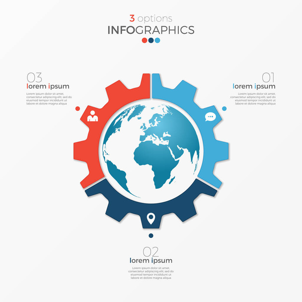 Circle chart infographic template with globe 3 options for presentations, advertising, layouts, annual reports - Διάνυσμα, εικόνα