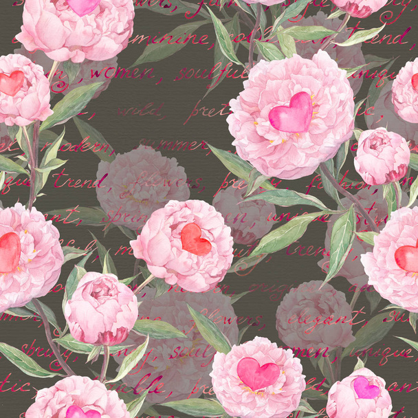 Peony flowers, hearts. Seamless floral pattern. Watercolor - Fotografie, Obrázek