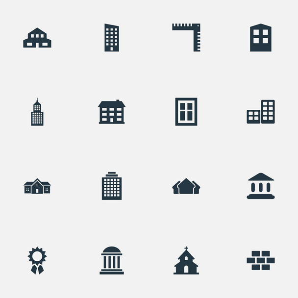 Zestaw 16 ikon prostej architekturze. Można znaleźć takie elementy jak długość, szyby, nagrody i inne. - Wektor, obraz