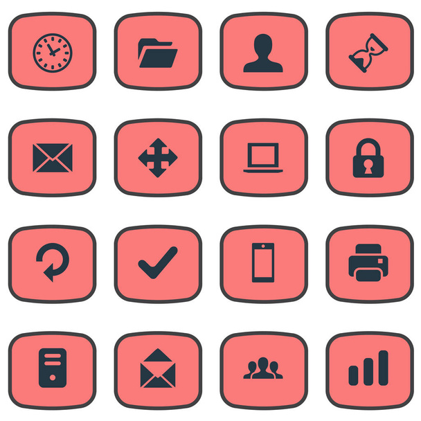 Conjunto de 16 iconos de aplicaciones simples. Se pueden encontrar elementos tales como sobre, cuaderno, cerradura y otros
. - Vector, imagen