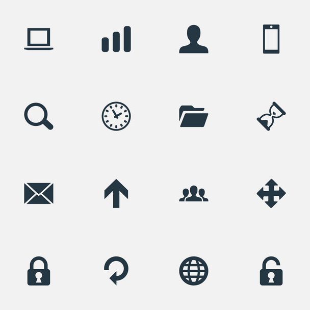 Set Of 16 Simple Practice Icons. Can Be Found Such Elements As Message, Arrows, Sand Timer. - Vecteur, image