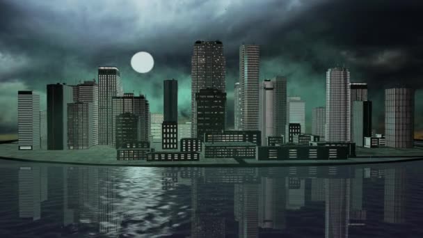 Sumu puhaltaa yli 3D kaupungin poikki veden yöllä - Zoom In
 - Materiaali, video