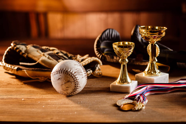 Натюрморт з трофеєм, медалями, вінтажними гранжевими бейсбольними рукавичками
 - Фото, зображення