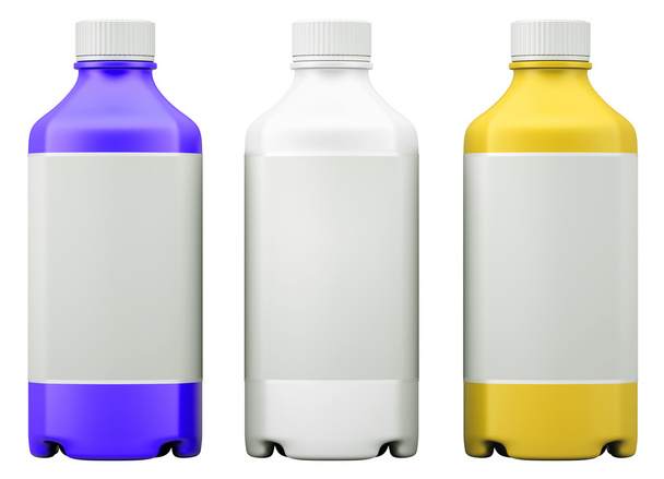 Three colorful bottles for chemicals or drugs isolated - Фото, зображення