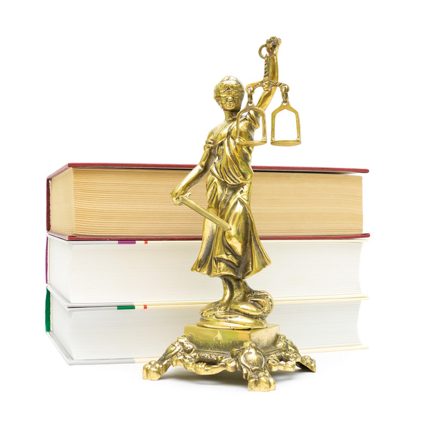 Justice statue and books isolated on white background - Fotografie, Obrázek
