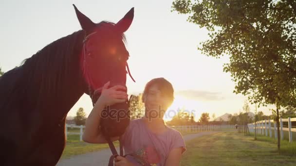 Közelről: Aranyos vidám kislány átölelve a csodálatos nagy barna ló naplementekor - Felvétel, videó