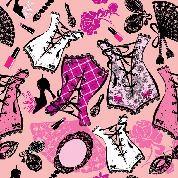 Seamless pattern with beautiful retro corsets, perfume bottles, - Вектор, зображення