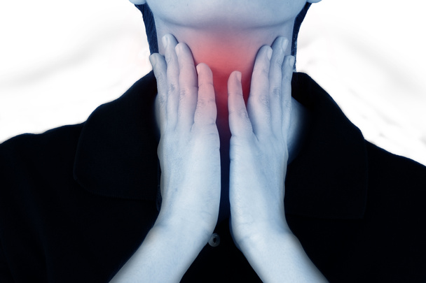las mujeres tiene inflamación e hinchazón causan un dolor el dolor de garganta, aislado sobre fondo blanco
. - Foto, Imagen