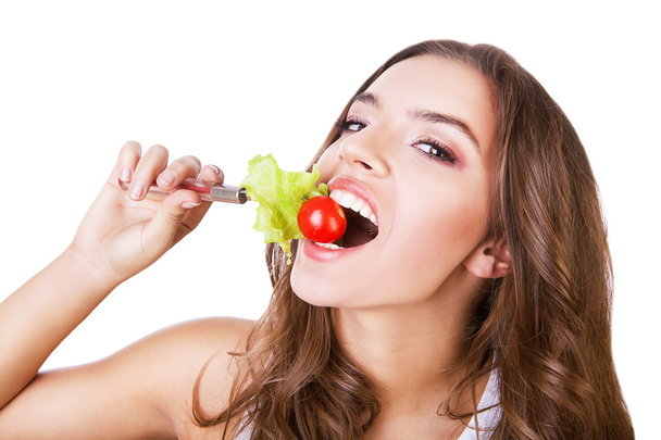 adorável mulher comendo salada
 - Foto, Imagem