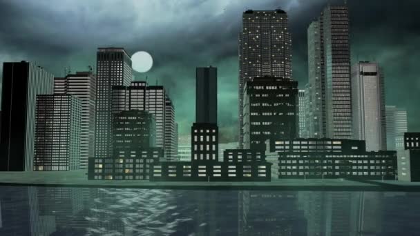 Mgła wiejący nad 3d miasta z całej wody w nocy - po lewej do prawej, płukanie - Materiał filmowy, wideo