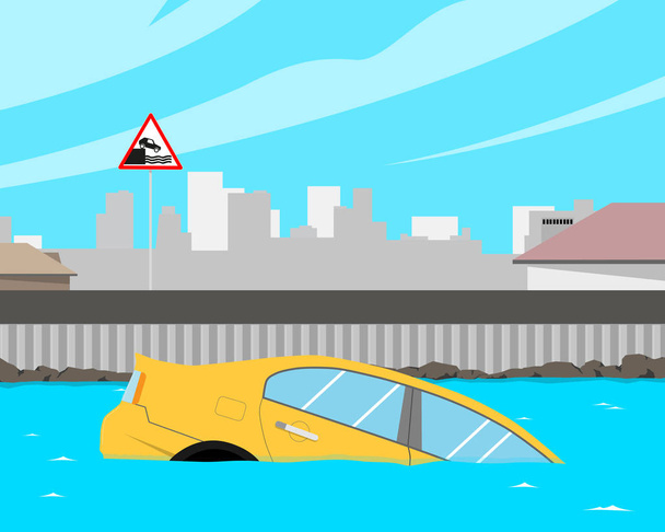 After heavy rain flooded car. Vector illustration - Vector, Image