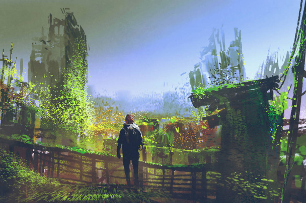 Mies seisoo vanhalla sillalla umpeen kasvaneessa kaupungissa
 - Valokuva, kuva