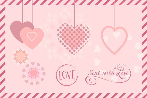 Valentines Day or Wedding Day greeting card hearts, festive pink hand made background Vector template. Romantic poster. Love, Romance Event, banner, e-card, Typography postcard envelope. Advertising, Calligraphy retro design - Vector, Image