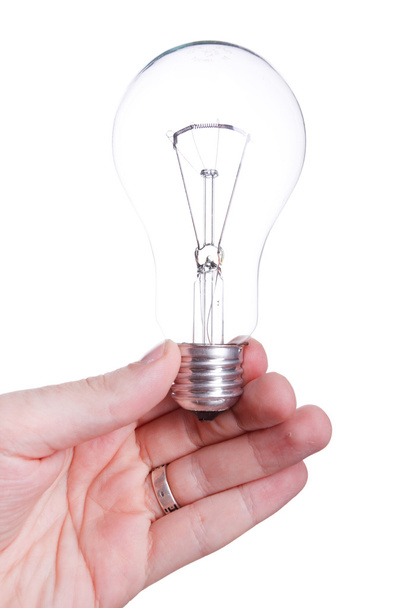 Bulb (lamp) in hand, isolated on white - Foto, Imagem