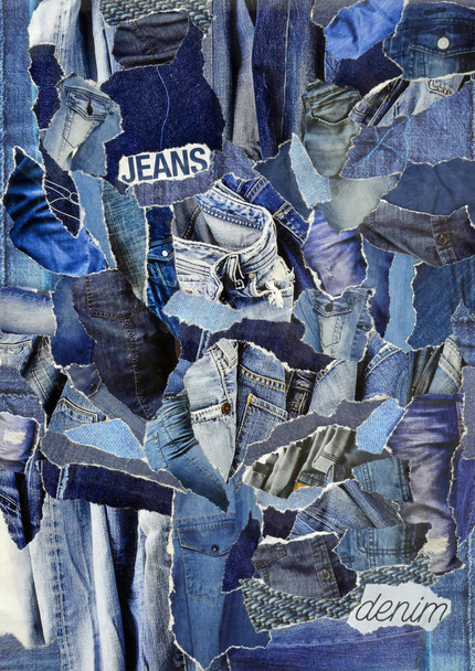 Creative Atmosphere art mood, board collage sheet in color idea  blue ,grey, denim jeans made of teared magazines and printed matter paper with colors and textures - Photo, Image