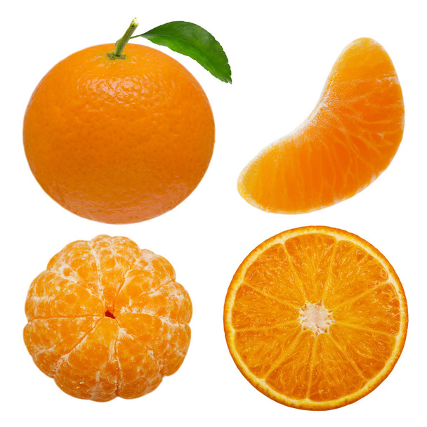 Collection tangerine or clementine fruits and peeled segments isolated on white background with - Photo, image