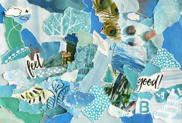 kreative atmosphäre kunst mood board collage bogen in farbe idee blau, grün, aqua und türkis aus zerrissenen zeitschriften und druckpapier mit farben und texturen - Foto, Bild