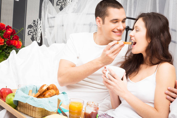 Couple Having Breakfast In Bed - Photo, image